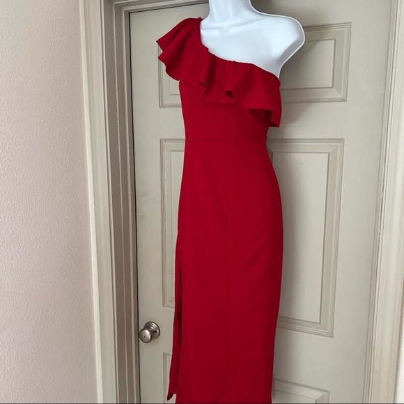 Show Me Your MuMu Florentine red stretch one shoulder ruffle midi dress - Picture 2 of 12